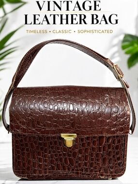 Vintage Camera Bag Style Embossed Brown Leather